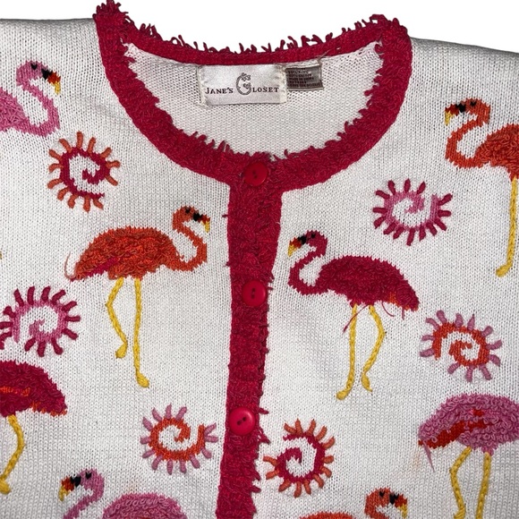 Vintage Jane’s Closet Flamingo 3/4 Sleeve Button Front Cardigan Sweater Sz M - Picture 2 of 14
